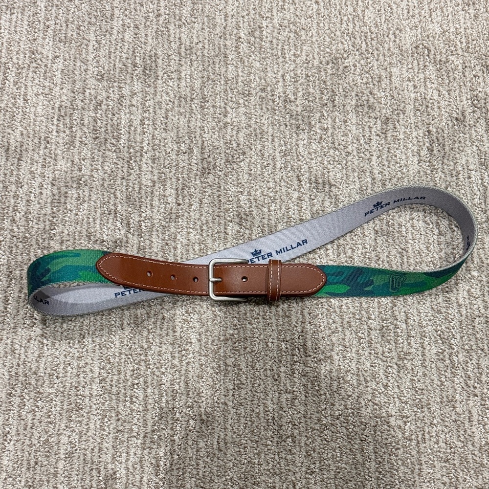 Peter Millar Green Camouflage Web Belt with Brown Leather Trim